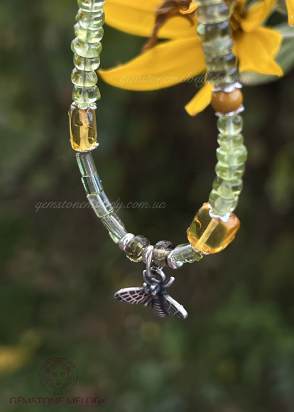 Браслет з бурштину, турмаліна, хризоліта